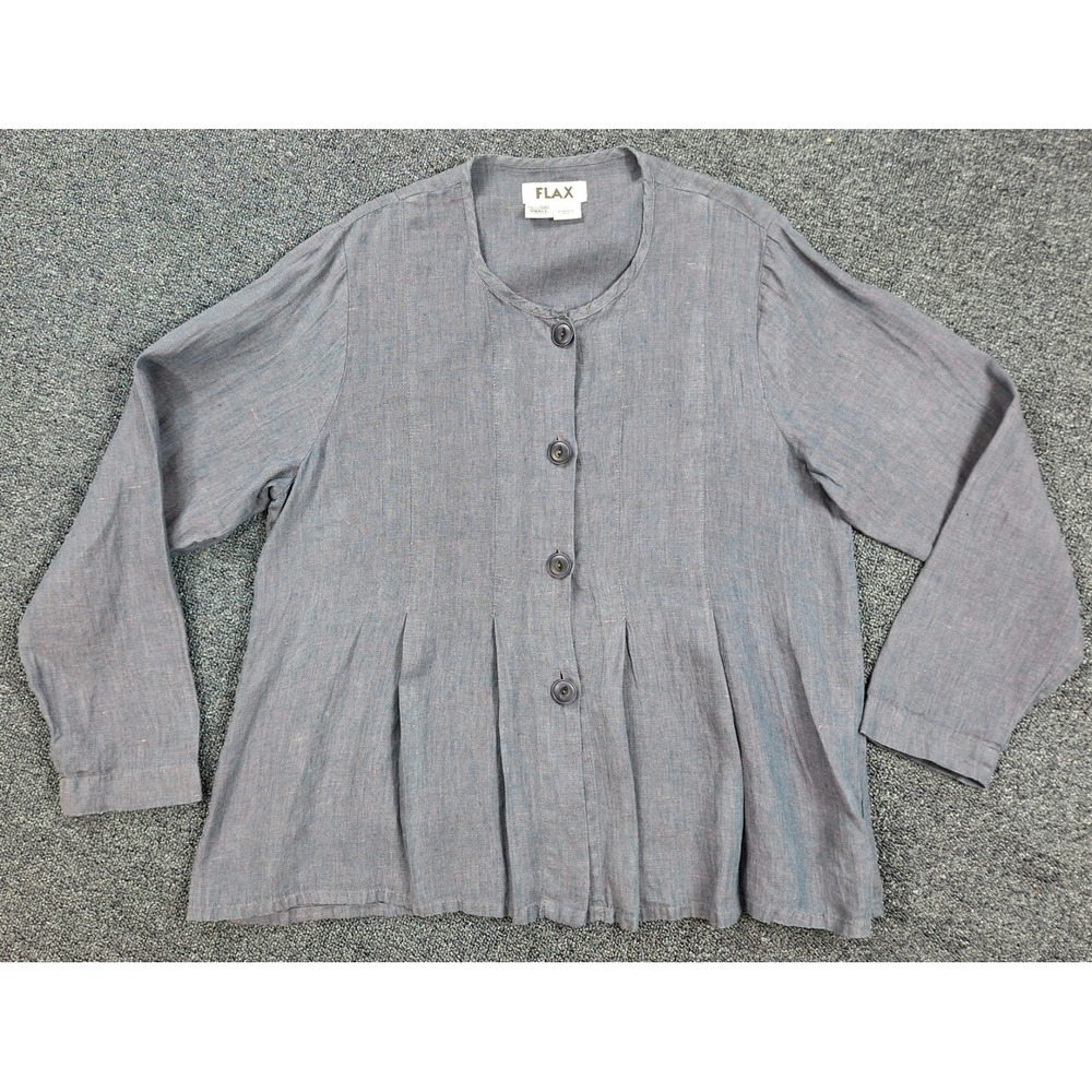 FLAX Womens Small 100% Linen Button Front Pleated Blouse Blue Grey Lagenlook Top